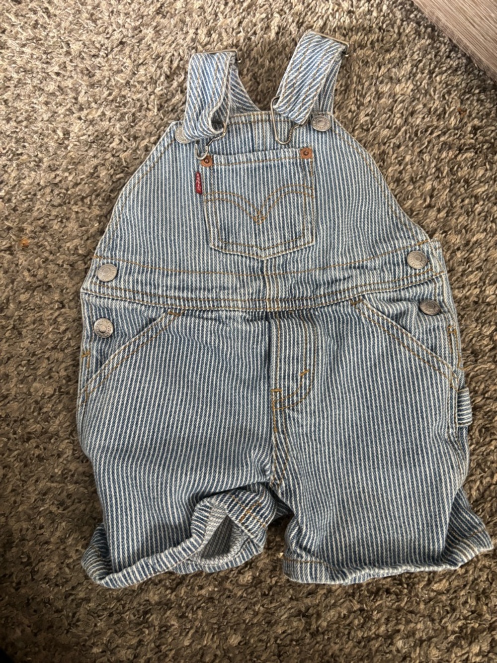 Levi's Light Blue and White Pinstripe Denim Short Overalls